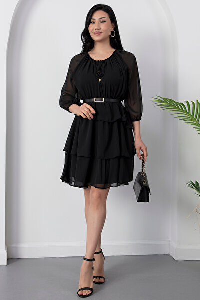 PULLIMM Wide Collar Belted Layered Chiffon Dress Dks1417