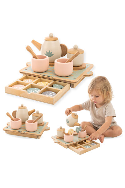 mamabrum Set ceai din lemn 18 piese cu tavă și accesorii