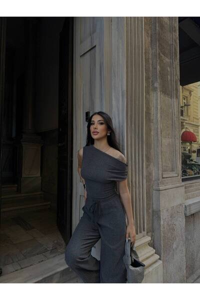 D'RECCY Women's Taupe Asymmetric Collar Blouse High Waist Pants Set