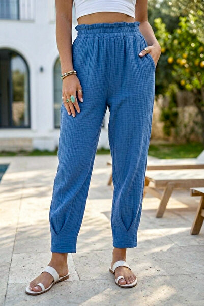 Chiccy Blue Pocketed, Stitched Cuffs, Elastic Waist, Casual Muslin Woven Trou...