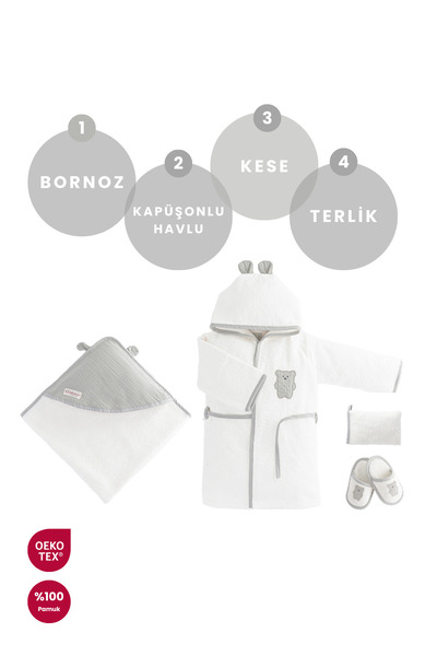 Bebekevi %100 Pamuk OEKO-TEX Bebek Bornoz Ve Havlu Seti 4 lü Hediyelik Set