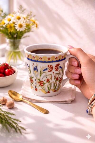 Güral Porselen Özel Tasarım Çini Desenli Porselen Kupa-Altın Yaldızlı Porsele...