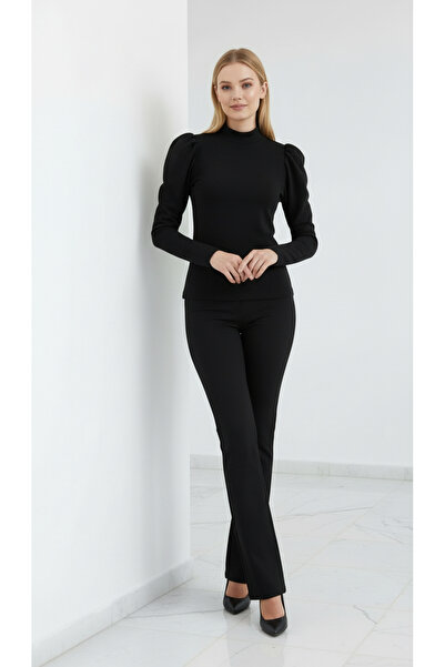 REMUX KADIN SİYAH PUF KOLLU DİK YAKA ENSE MERCAN DÜĞMELİ PRENSES KOL ÖRME VİN...