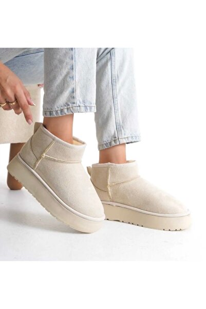 İpek حذاء نسائي شتوي من جلد الغزال مع بطانة من الصوف وكعب سميك عند الكاحل