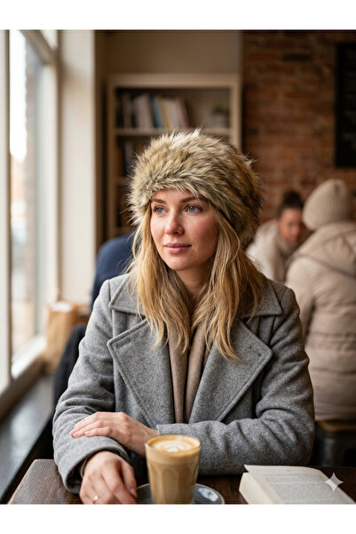 sevaradekor Faux Fur Women's Hat Furry Plush Snow Hat Beanie Ash Black Fuzzy