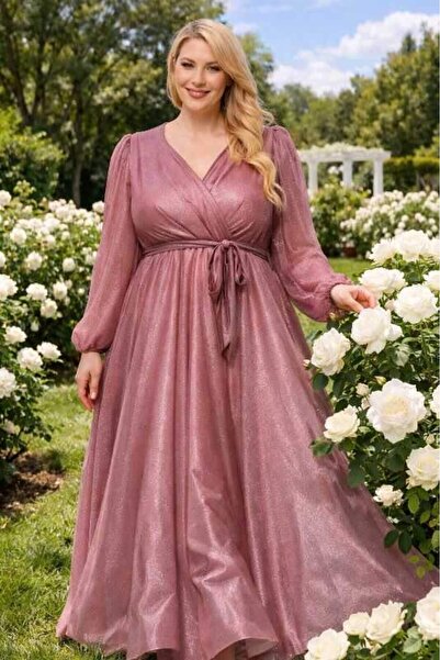 angelino butik Büyük Beden Simli Uzun Kollu Abiye Elbise Pudra KL3047