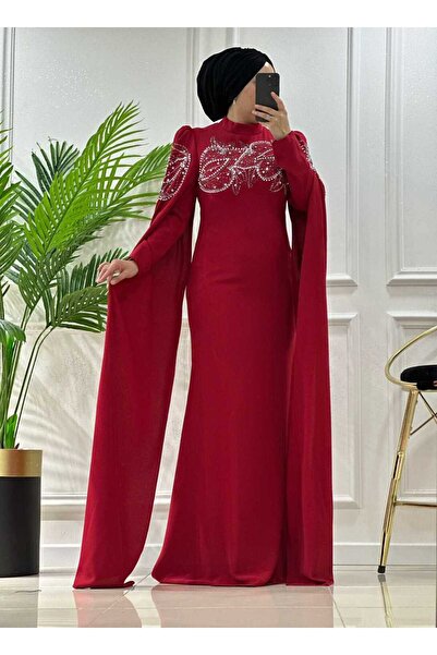 masalabiyem 258342 فستان سهرة أحمر بأكمام طويلة ومرصع بالأحجار