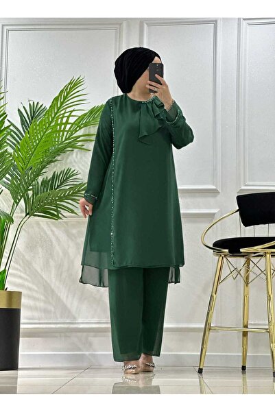 masalabiyem 7212 K 150 Emerald Green Chiffon Stone Set Double Suit