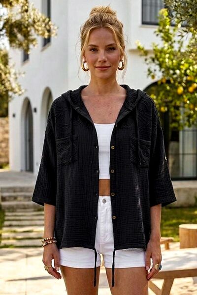 Chiccy Black Hooded Short Sleeve Double Pocket Embroidered Hem Tie-Up Casual ...