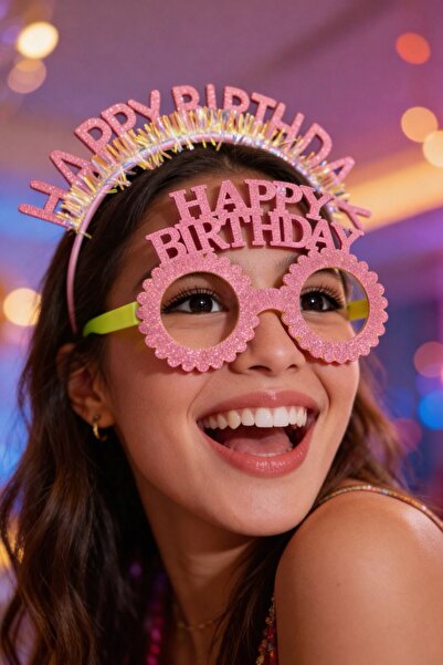 TAKIŞTIR Pink Color Happy Birthday Written Glasses and Crown
