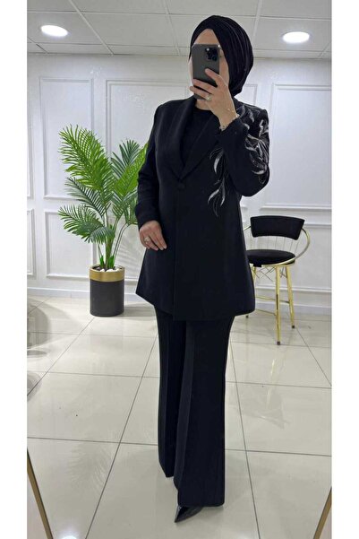 masalabiyem 2752 K200 Black Silver Sleeved Embroidered Jacket Suit