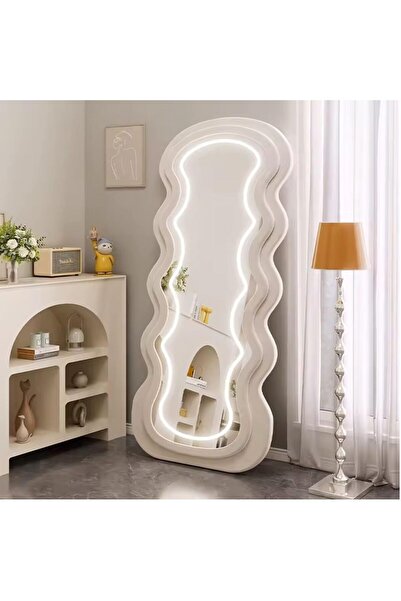 Decorhills مرآة LED كاملة الطول، 70 × 170 سم، تصميم LED مموج مقوس، إطار مخملي