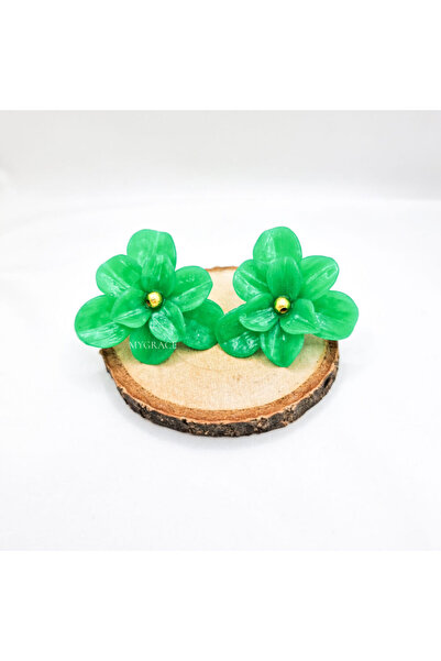 MYGRACE Ръчно изработени обеци, яркозелени, с цвете, от полимерна глина и нер...