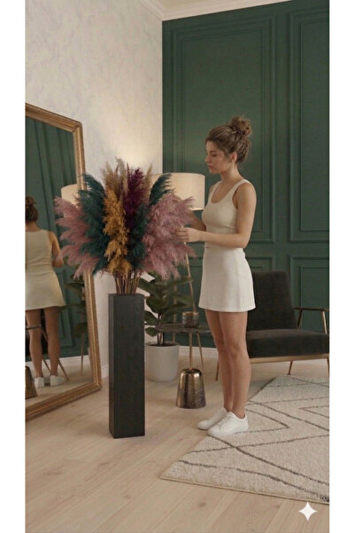 Krb Ahsap Siyah Renk Ahşap Pampas Vazosu, Dekoratif Vazo, 50 Cm Pampaslar Dah...