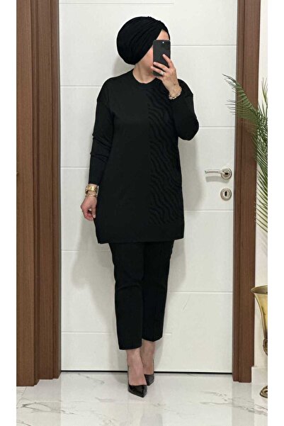 masalabiyem 5100 K 100 Black Zebra Pattern Cold Yarn Tunic