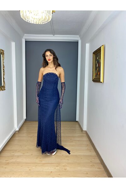 gökkuşagı moda Lacivert Dantel Straplez Sırtı Bağlamalı Eldiven Detaylı Uzun ...