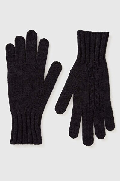 United Colors of Benetton Μαύρα γάντια πλεκτά με ραβδώσεις από μείγμα μαλλιού...
