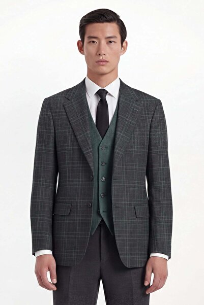 Sabri Özel Men's Dark Green Plaid Mono Collar Comfort Fit 6 Drop Fully Lined ...