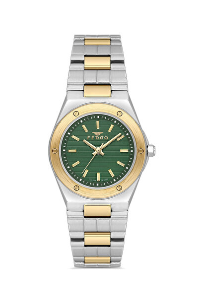 FERRO ساعة يد نسائية بسوار فولاذي أصفر وفضي FL21643A-D6 مقاومة للماء 3ATM ضما...
