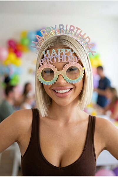 TAKIŞTIR Mixed Color Happy Birthday Written Glasses and Crown