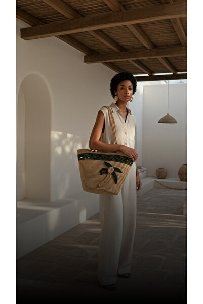 HomeTurko Hand Knitted Natural Straw Beach and Shoulder Bag for Women Palm Tree Embroidered Bohemian Summer Bag