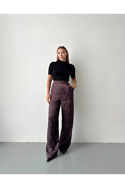 Vinales Women's High Waist Leopard Patterned Satin Look Wide Leg Trousers