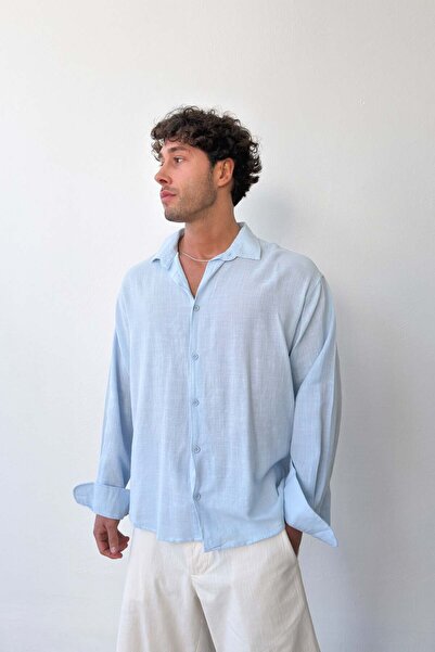 Flaw Wear Basic Oversize Mavi Ham Keten Gömlek
