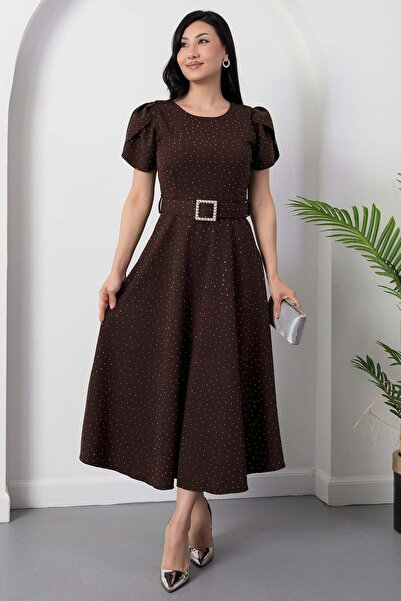 PULLIMM Crew Neck Stoned Belted Crepe Dress 2026-4590