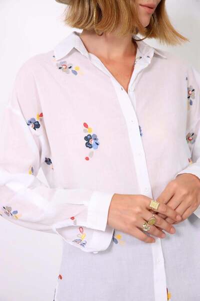 mahira collection White Floral Patterned Linen Cotton Shirt