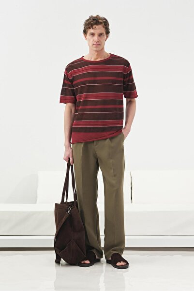 GIESTO Striped Draped Burgundy Linen Knitwear T-Shirt