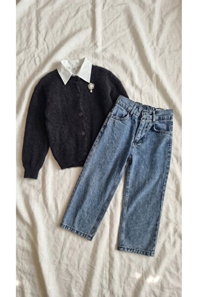 Sabi Kız Çocuk Hırka Gömlek Jean Pantolon 3'lü Takım Set Broş Detaylı