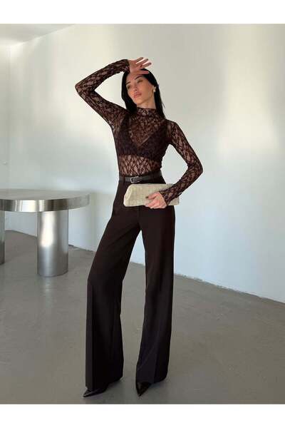 myd High Collar Lace Blouse - Brown