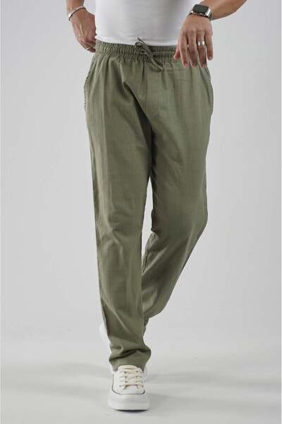 king brich Elastic Waist Regular Fit Cotton Linen Trousers