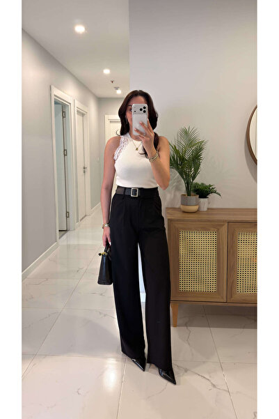 BİRCANÇİL Jedri Black Palazzo Pants with Waist Belt Detail