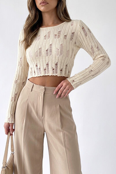 Abruzzo Low-Cut Crop Knit Sweater with Ripped Detail, Long Sleeves, Slim Fit
