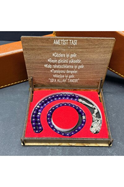 BEST PARTİ Best Special Wooden Boxed Amethyst Stone Prayer Beads-Bracelet Set