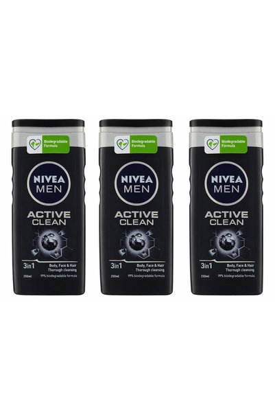 Nivea Men Active Clean 3 in 1 Shower Gel 250 ml (Active Charcoal) 3 X Pcs