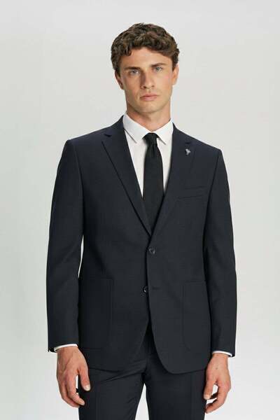 Sabri Özel Navy Blue Slim Fit Striped Mono Collar 6 Drop Men's Suit