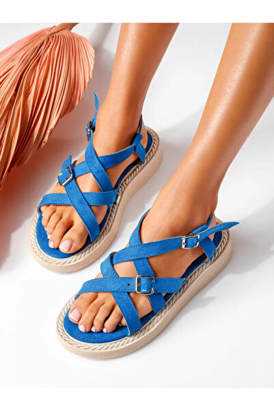 Zaira Γυναικεία μπλε χαμηλοτάκουνα σανδάλια από οικολογικό δέρμα Amedea # 193...