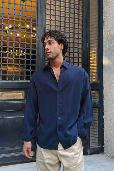 Flaw Wear Basic Tensel Kumaş Lacivert Oversize Gömlek