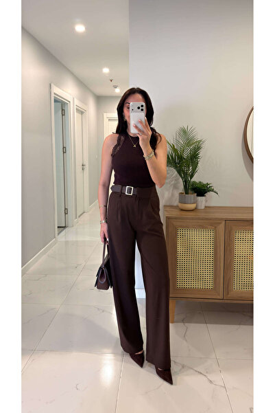 BİRCANÇİL Jedri Brown Palazzo Pants with Waist Belt Detail