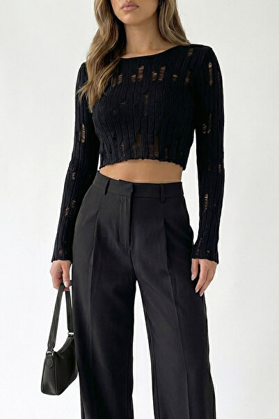 Abruzzo Dekolteli Crop Triko Kazak Yırtık Detaylı Uzun Kollu Slim Fit - Siyah