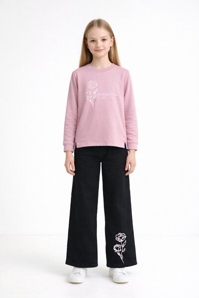 Cansın Mini Set 2 piese pentru fetiță cu pantaloni din denim brodați cu trand...