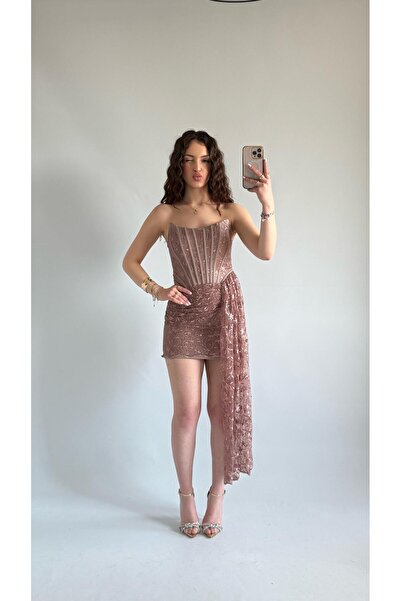 AYŞENUR DİNÇER Victoria Dantel Mini Abiye Kahverengi