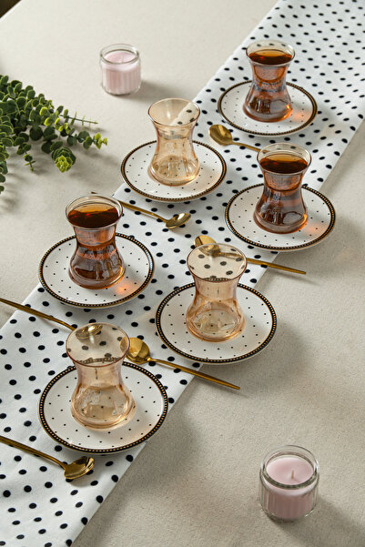 clasavm 12 Parça Dotty Çay Seti | 6 Adet Gold Çay Bardağı Puantiyeli 6 Adet Ç...
