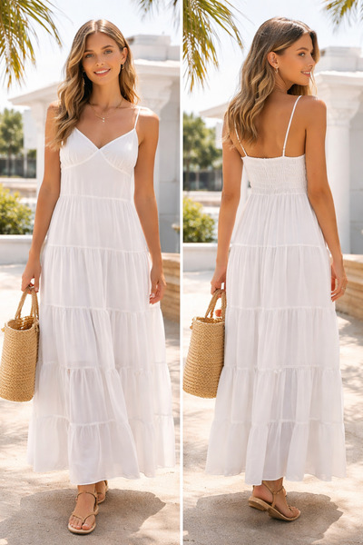 Marjinal White Strap Layered Bohemian Dress