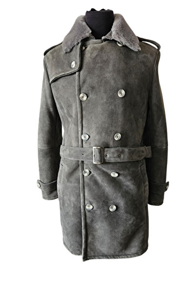 asus deri Suede Genuine Sheep Fur Men's Trench Coat - Burb - Gray