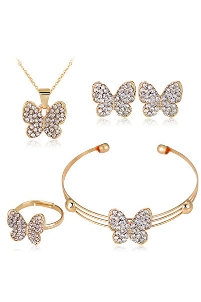 FridayIn 4Pcs Gold Butterfly Jewelry Set Crystal Pendant Necklace Earrings Cu...