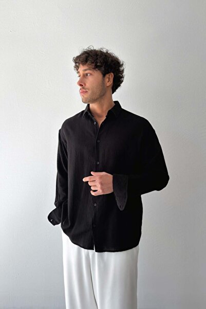 Flaw Wear Basic Oversize Black Raw Linen Shirt