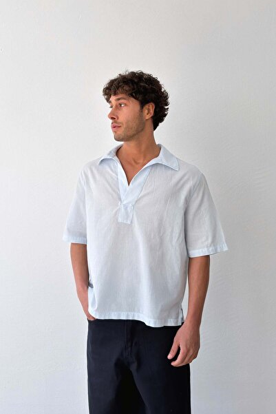 Flaw Wear V-Neck Blue Linen Shirt